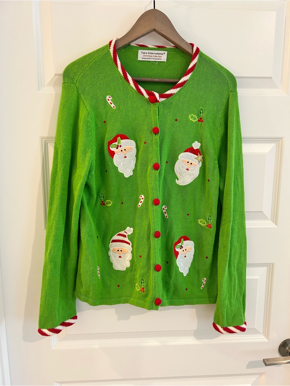 Vintage Tiara International Christmas Santa Cardigan Green Red Size S